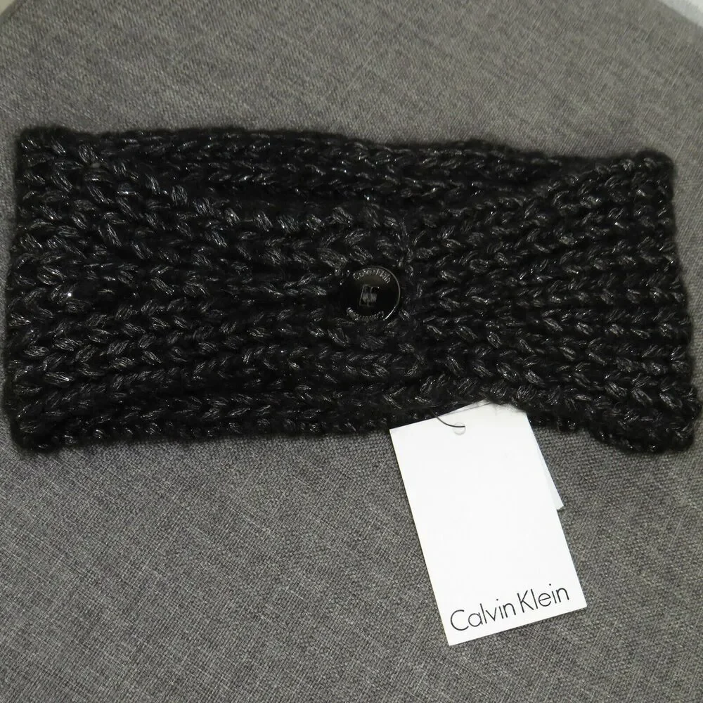 CALVIN KLEIN Black Silver Metallic Sweater Knit Cozy Ear Warmer Headband